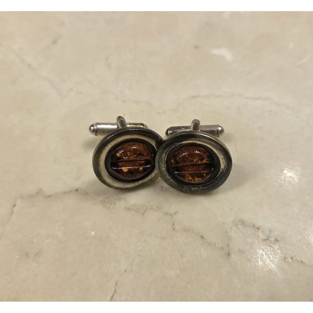 Vintage Art Deco Baltic‎ Amber & Sterling Silver Cufflinks 925